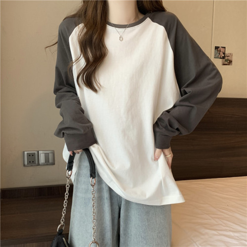Pure cotton back cover collar color insert long-sleeved T-shirt women's new autumn round neck top