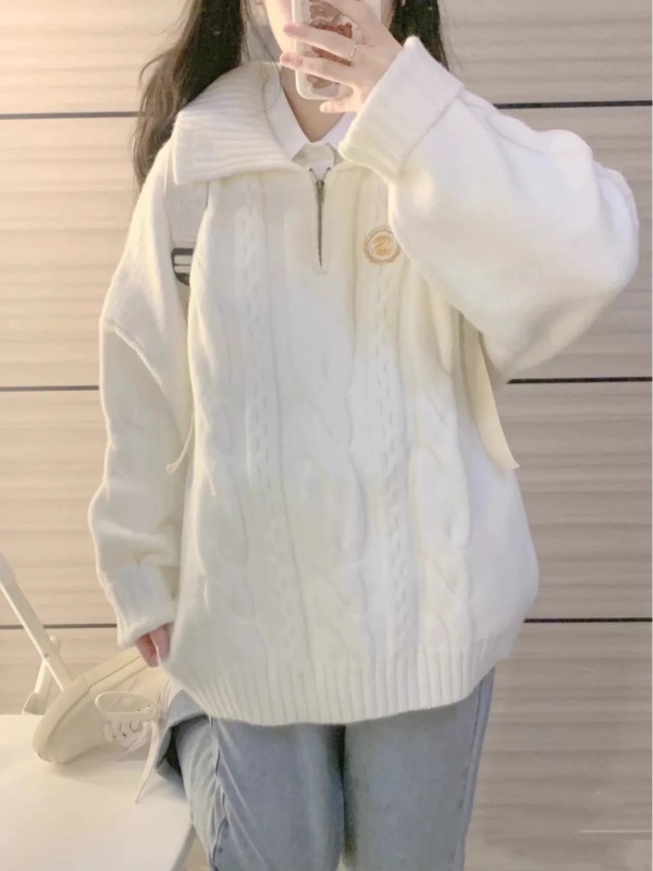 College style loose and versatile pullover sweater for women autumn and winter commuting zipper sweater design top