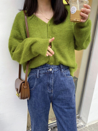 Gentle retro raccoon velvet avocado soft waxy knitted cardigan spring and autumn mohair sweater jacket for women