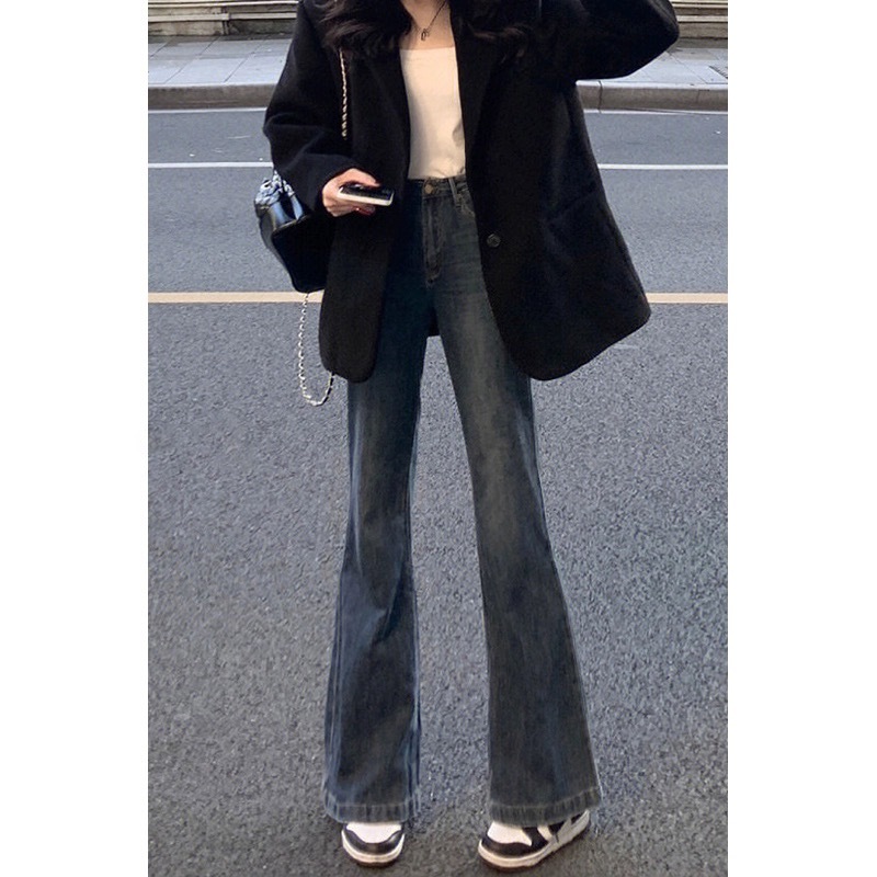 American retro wide-leg bootcut jeans for women in autumn new large-size high-waist slim pear-shaped body flared pants