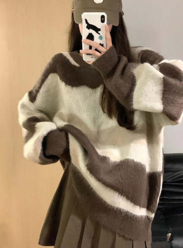 Lazy style contrast striped milk fufu sweater women's autumn and winter milk style fashionable loose soft and waxy top