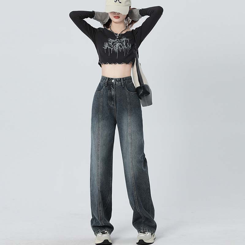 Autumn and winter hip-hop high street whitened washed wide-leg pants straight-leg loose open-stitch jeans for trendy women