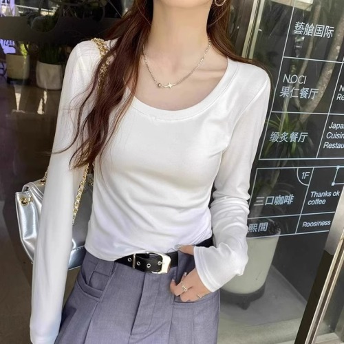 Autumn and winter new Korean style low round neck pure cotton right shoulder short top with long sleeve T-shirt bottoming shirt for women