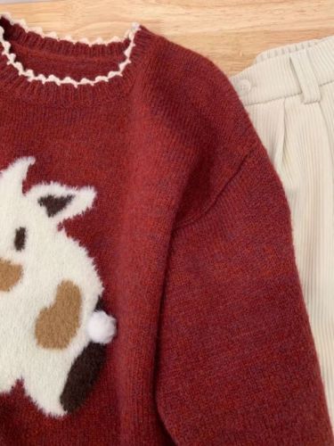 Christmas bunny red sweater for small women Japanese style lazy retro soft and thick chic top New Year clothes