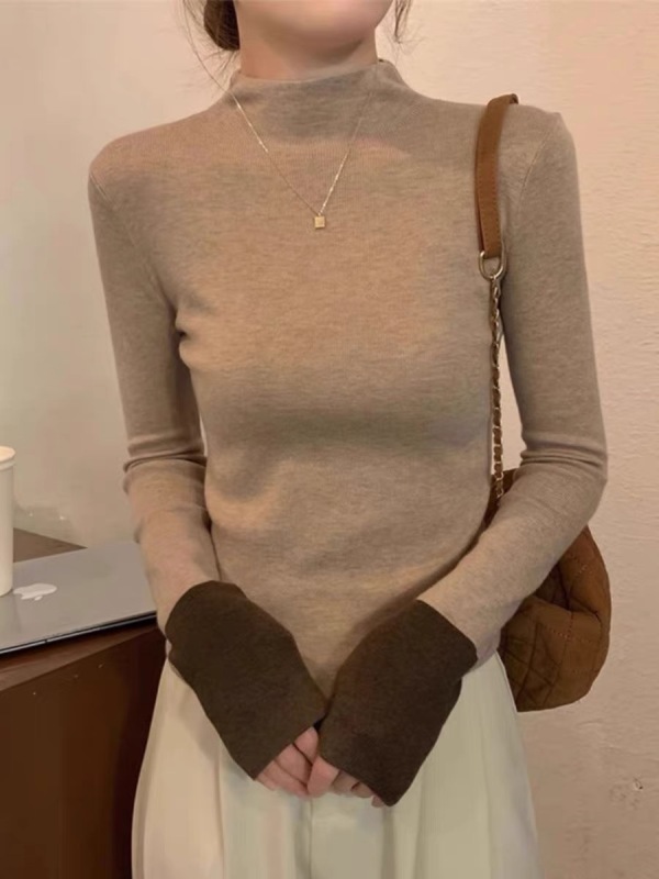 Contrast color half turtleneck knitted sweater women's 2024 autumn and winter slim fit inner top black bottoming shirt