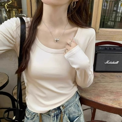 Autumn and winter new Korean style low round neck pure cotton right shoulder short top with long sleeve T-shirt bottoming shirt for women