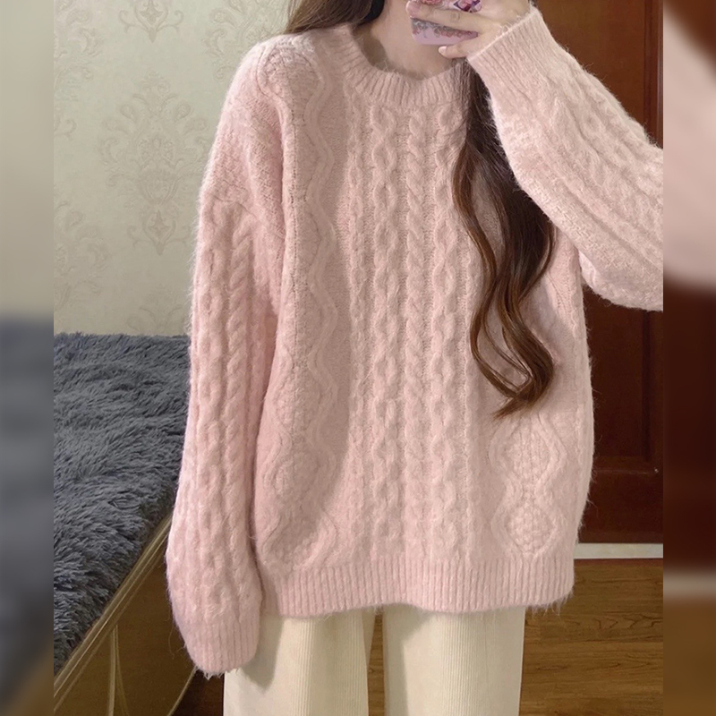 New pink twist knitted sweater women's coat autumn and winter Korean style soft and waxy high-end top with lazy style