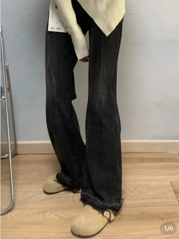 Large size 2024 spring and autumn new style dark Hong Kong style cleanfit slightly flared ankle ripped jeans straight pants trousers