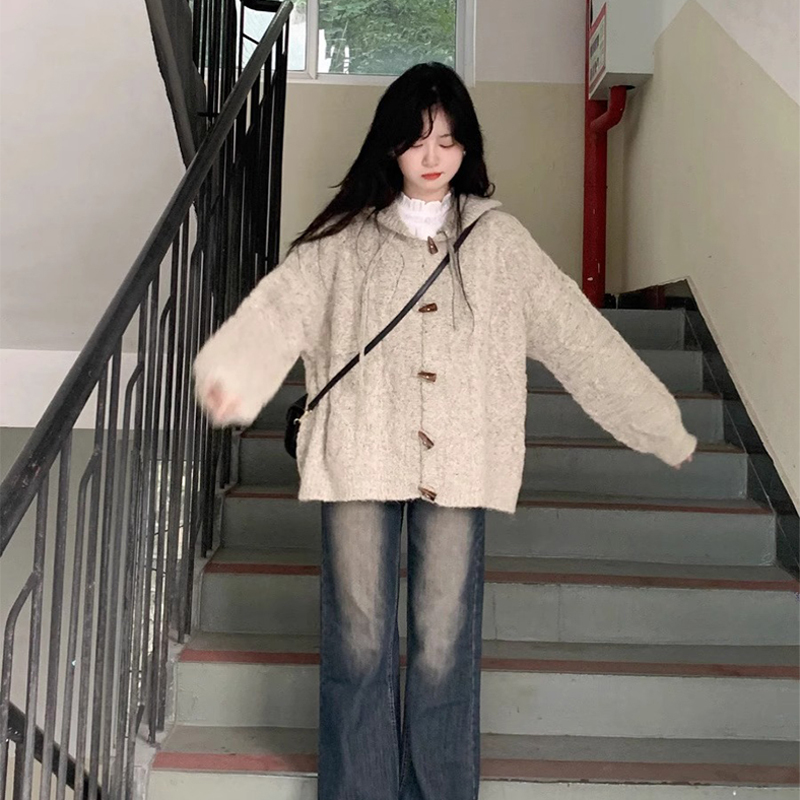 Horn button hooded sweater new Japanese style retro lazy style small knitted cardigan jacket for women spring and autumn