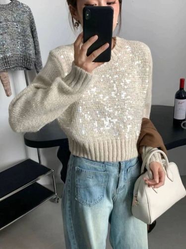 French sequined sweater tops for women in autumn and winter new style lazy style pullover round neck heavy industry super nice short sweater