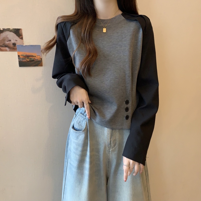 Plus size fat mm autumn new design niche button suit splicing long-sleeved short top sweatshirt