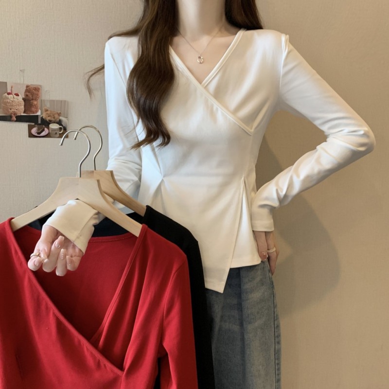 Large size t-shirt women's long-sleeved autumn and winter new v-neck bottoming shirt irregular waist niche chic top