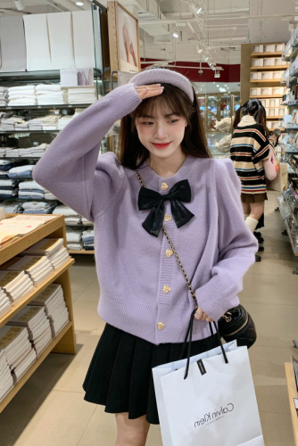 kumayes Japanese sweet taro purple bow knitted cardigan autumn and winter new style small fragrance style sweater jacket for women