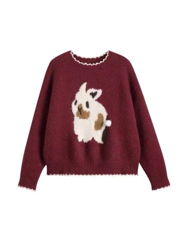 Christmas bunny red sweater for small women Japanese style lazy retro soft and thick chic top New Year clothes