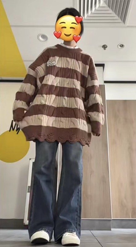In stock, real price, striped sweater for women, autumn and winter, loose, lazy style, Japanese retro niche design sweater