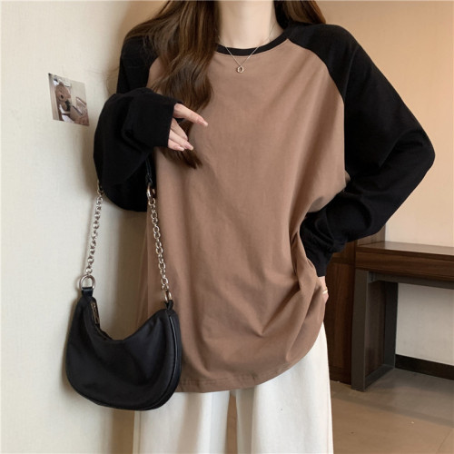 Pure cotton back cover collar color insert long-sleeved T-shirt women's new autumn round neck top