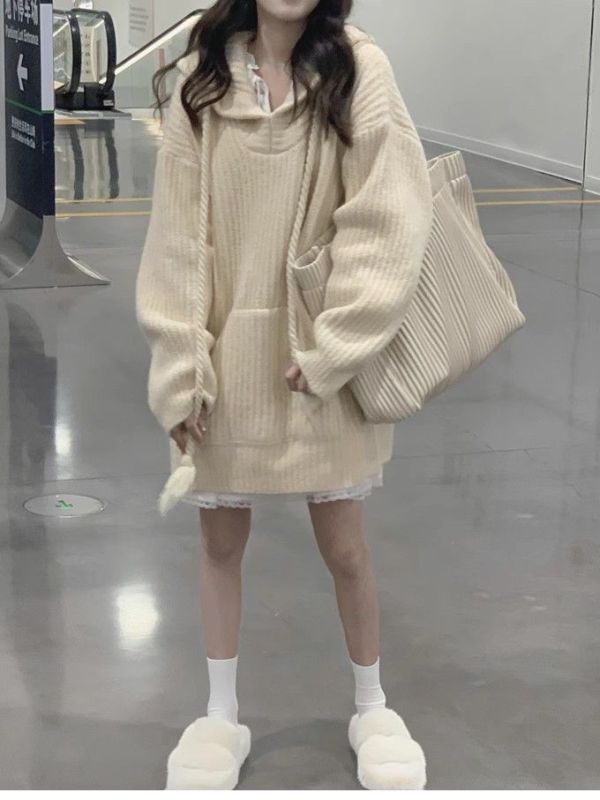 Korean style age-reducing girlish style lazy style loose hooded sweater for women solid color pullover sweater