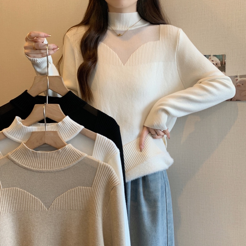 Fat girl large size autumn and winter thickened velvet all-in-one velvet hollow design bottoming shirt knitted sweater