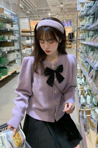 kumayes Japanese sweet taro purple bow knitted cardigan autumn and winter new style small fragrance style sweater jacket for women