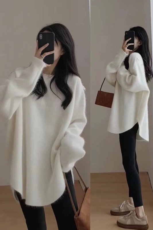 White raccoon velvet pullover knitted sweater for women in autumn and winter thickened design niche lazy style loose outer wear