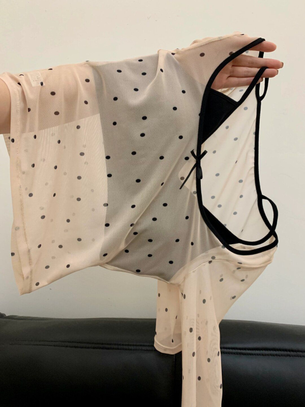 Designed long-sleeved women's new modal suspender two-piece set with breast pads, polka dots, slightly see-through, trendy slim-fitting bottoming top