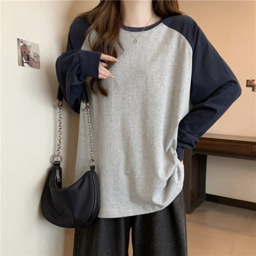 Pure cotton back cover collar color insert long-sleeved T-shirt women's new autumn round neck top