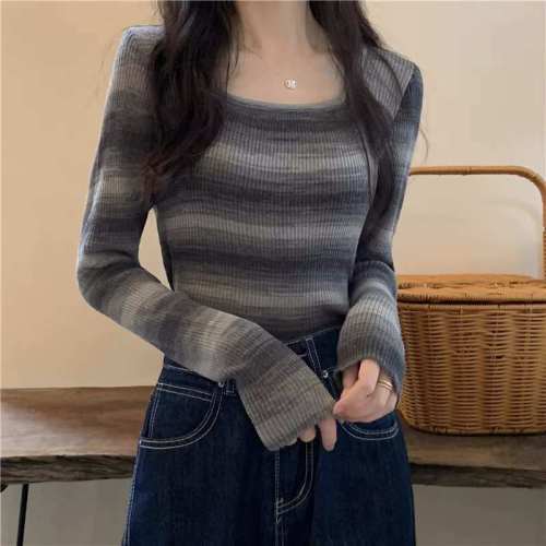 Right-shoulder long-sleeved T-shirt for women, new autumn wear, slim-fitting striped knitted bottoming shirt top for winter