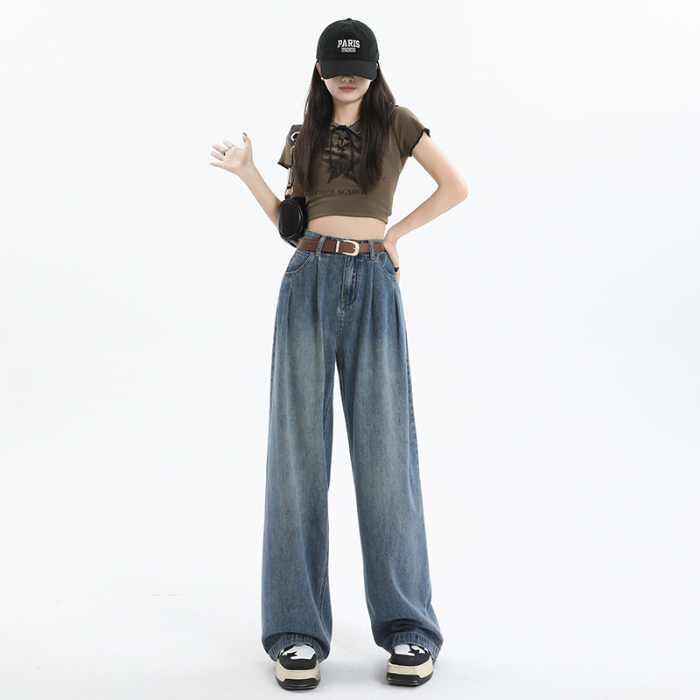Korean style high-waisted loose slimming pleated design wide-leg jeans women's straight floor-length pants trendy