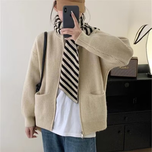 Retro solid color lazy style high-end pit double zipper knitted cardigan for women loose soft waxy temperament sweater jacket