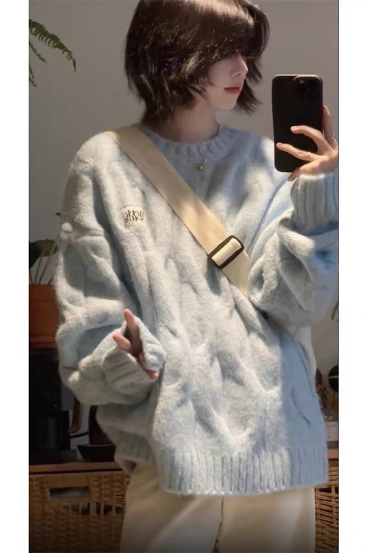 Japanese milk fufu twist round neck sweater for women in autumn and winter loose lazy style bf soft waxy thickened sweater jacket trendy