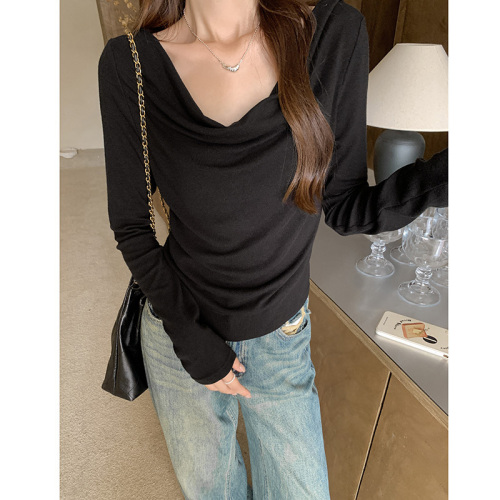 Actual shot and real price Pure Desire One-shoulder Swing Collar Long-sleeved T-shirt Women's Early Autumn Pleated Waist Slimming Short Inner Top