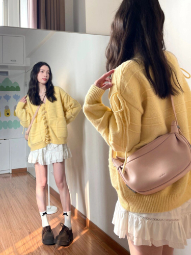 Spot gentle petal placket V-neck sweater cardigan for women milk yellow bow tie sweater autumn coat