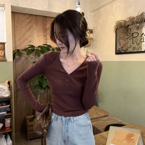 2024 Spring and Autumn New Korean Style V-neck Bottoming Shirt Long Sleeve T-shirt Women's Design Slim Fit Short Top