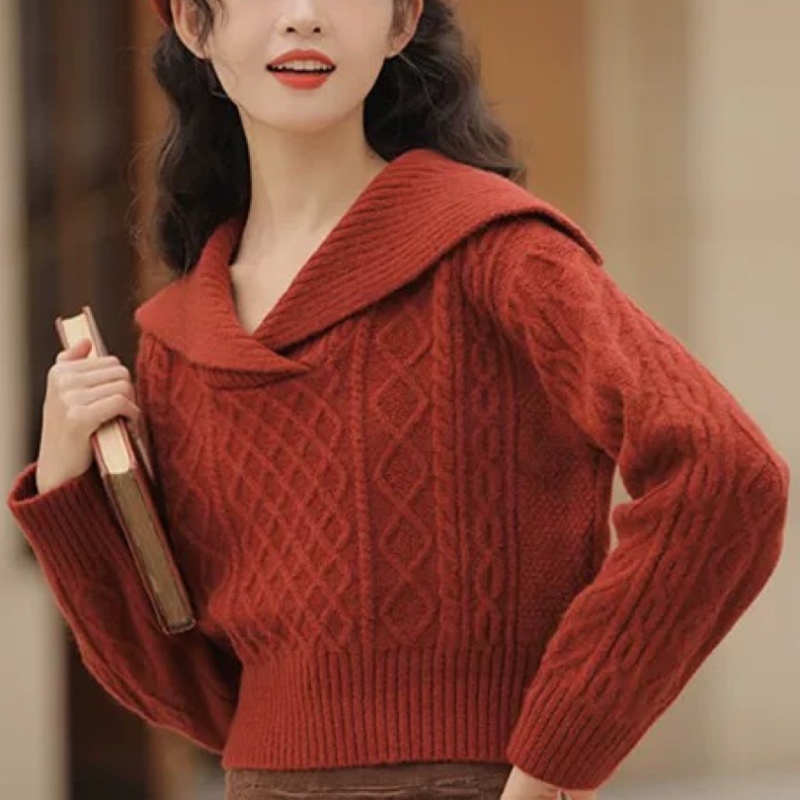 Large lapel retro sweater high waist short sweater women's winter soft waxy pullover long-sleeved pullover knitted top