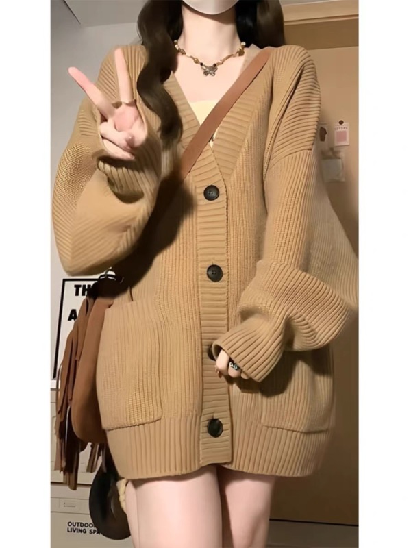 Small lazy style loose sweater women's autumn and winter new American retro knitted cardigan jacket