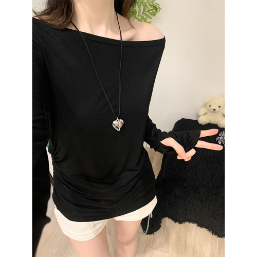 Actual shot and real price sexy slightly see-through oblique collar one-shoulder long-sleeved T-shirt for women in early autumn with drape design slim fit top