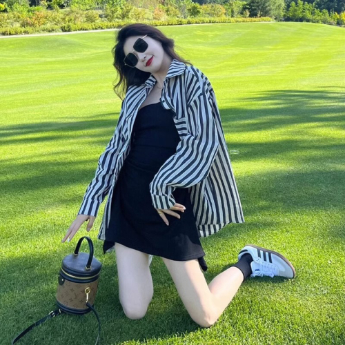 New small striped shirt top black suspender dress women's autumn clothing with a complete set