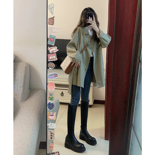 Khaki trench coat women's autumn and winter new British style small workwear mid-length high-end coat