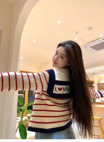 French style sweater navy collar coat pink striped knitted cardigan women's autumn design college style top