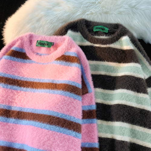 JIANYINZ soft and gentle pink striped lazy style sweater for men and women loose retro ins sweet and spicy sweater