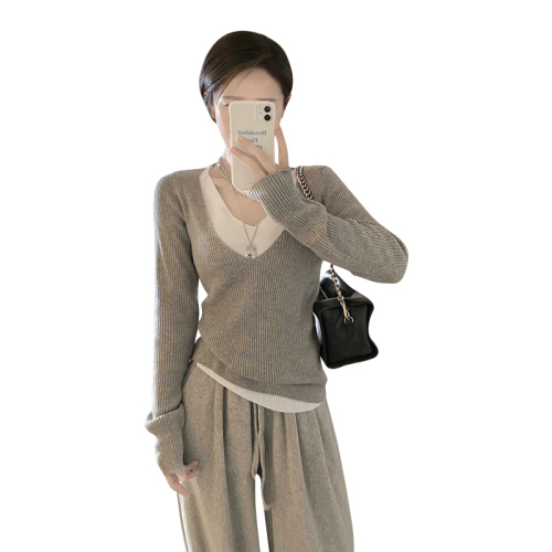 New spring fake two-piece v-neck sweater sweater women's high-end gray inner bottoming top