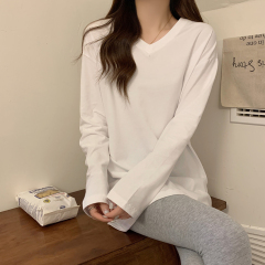 Mid-length pure cotton white bottoming shirt for women, spring and autumn V-neck long-sleeved T-shirt sweatshirt layering top