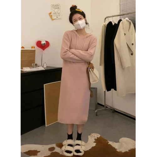 White hooded sweatshirt long-sleeved knitted dress women's autumn and winter new style small temperament long skirt