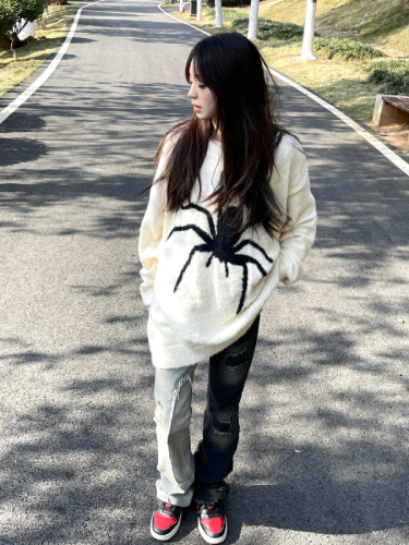 American Retro Spider Sweater Women's Autumn and Winter New Loose Slim Sweater Trendy Street Korean Top