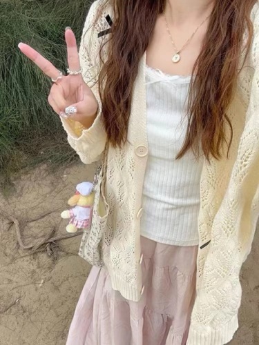 College style bow hollow thin knitted cardigan for women spring and autumn 2024 new style loose coat with shawl