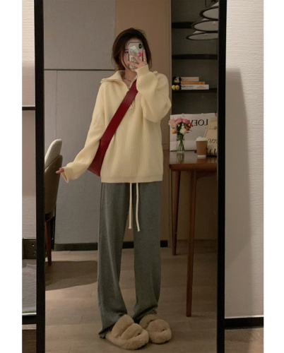 Soft and glutinous Korean style versatile pink turtleneck half zipper loose pullover solid color lapel slim sweater for women autumn and winter thick