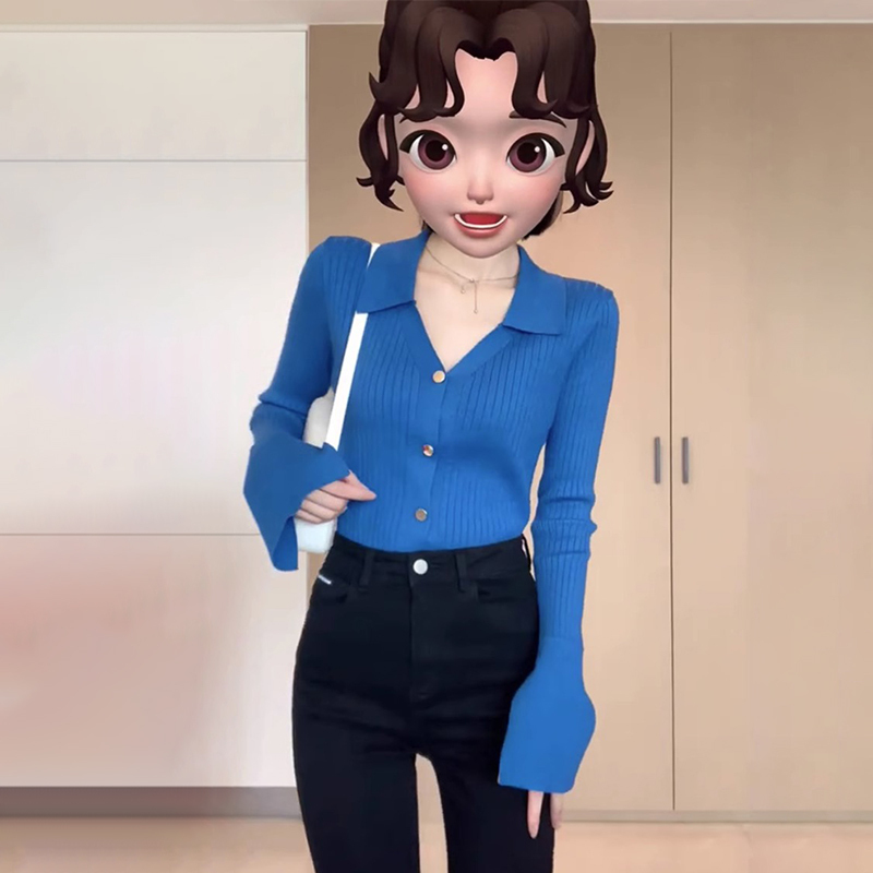 Blue v-neck sweater cardigan for women early autumn new style slim fit inner long-sleeved top early autumn