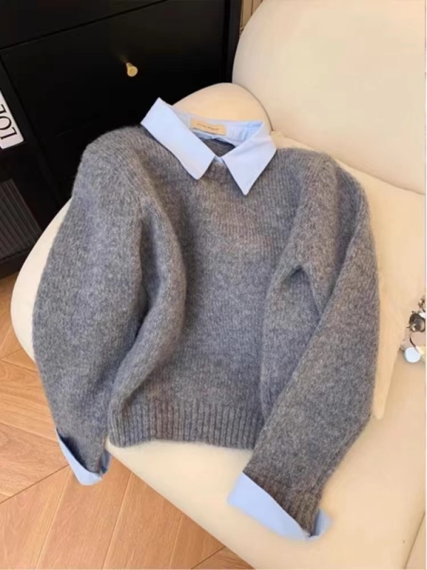 Fake two-piece shirt collar sweater for women in autumn and winter, thickened inner layer, lazy style, contrasting color lapel gray sweater top