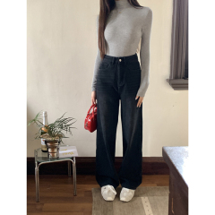 Actual shot of 2024 autumn and winter new washed black velvet jeans for women, wind-resistant, warm and slimming straight trousers and wide-leg trousers
