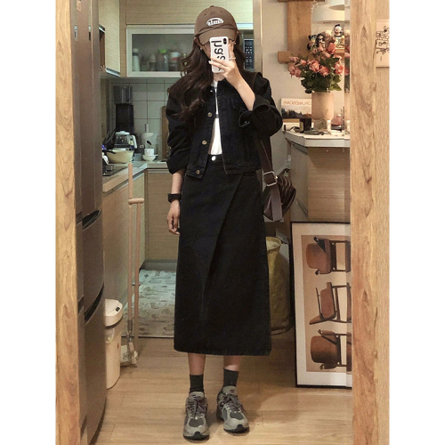 New tea-style outfit, a set of French-style Hepburn style denim skirt two-piece suit for women